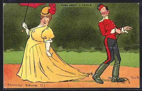 Künstler-AK Tom Browne: Soldat tritt Dame auf das Kleid