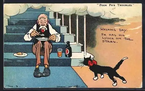 Künstler-AK Tom Browne: Washing Day. Pa has his Lunch on the Stairs.