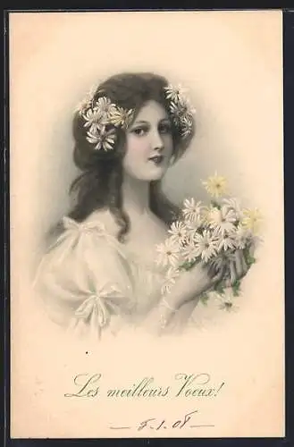 Künstler-AK Wichera: Dunkelhaariges Fräulein mit Blumen