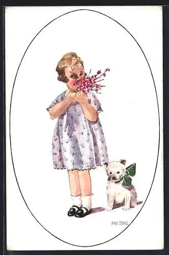 Künstler-AK Anny Tekauz: Mädchen mit Blumen und Hund