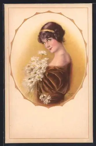 Künstler-AK Maxim Trübe: Junge Frau mit Gänseblumen
