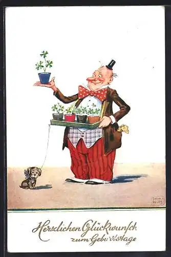 Künstler-AK John Wills: Blumenverkäufer und Hündchen