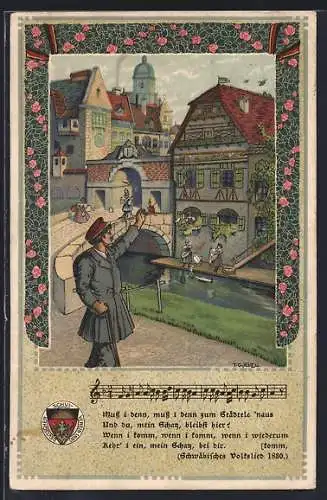 Künstler-AK T. Welzl, Deutscher Schulverein Nr. 4: Wanderer verlässt seinen Heimatort, Schwäbisches Lied