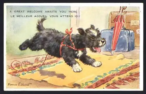 Künstler-AK Florence E. Valter: A Great Welcome awaits you here!, Hund kommt angelaufen