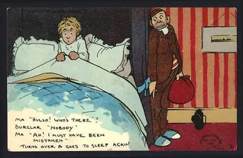 Künstler-AK Tom Browne: Frau wird von Einbrecher geweckt