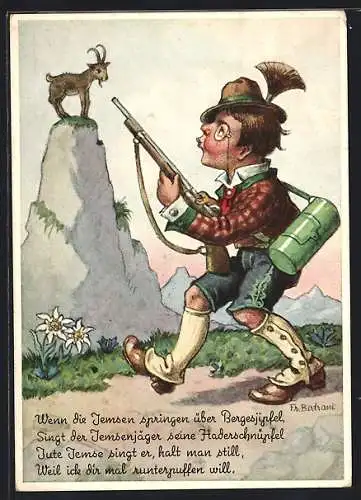 Künstler-AK sign.Fr. Bertram: Jäger zielt auf eine Gemse