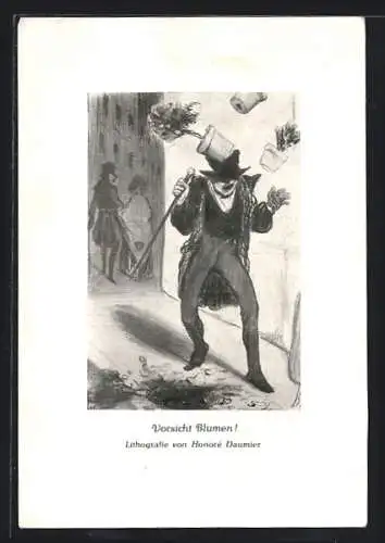 Künstler-AK sign. Honoré Daumier: Mann wird von Blumentöpfen getroffen