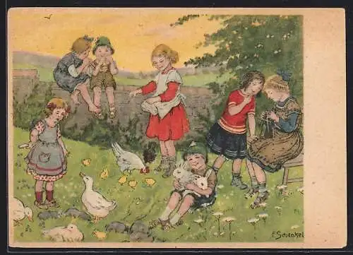 Künstler-AK Franziska Schenkel: Kinderfreuden, Hühnerfütterung, Enten, Kaninchen, Trötenspiel, Stricken
