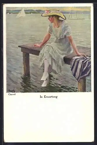 Künstler-AK Edward Cucuel: In Erwartung, Dame am Steg