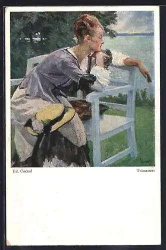 Künstler-AK Edward Cucuel: Frau auf Bank bei einer Träumerei