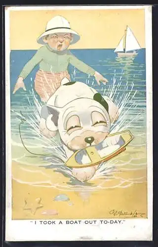 Künstler-AK I took a Boat out To-Day, Bonzo klaut Boot