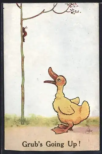 Künstler-AK Reg Carter: Ente schaut einer Raupe nach