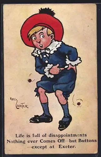 Künstler-AK Reg Carter: Junger Mann zeigt auf seine Hüfte