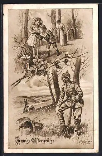 Künstler-AK Ernst Schlemo: Kinder suchen Ostereier, Soldat mit Pickelhaube, Ostergruss