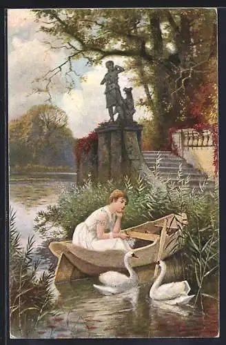 Künstler-AK F.Schlemo: Liebchen träumt, Schönheit im Ruderboot, Schwäne
