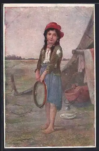 Künstler-AK Josef Süss: Kleine Zigeunerin mit Tamburin
