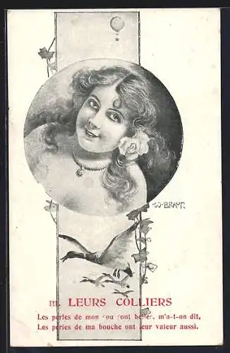 Künstler-AK W. Braun: Fräulein mit Blume im Haar, Im Hintergrund Ballon