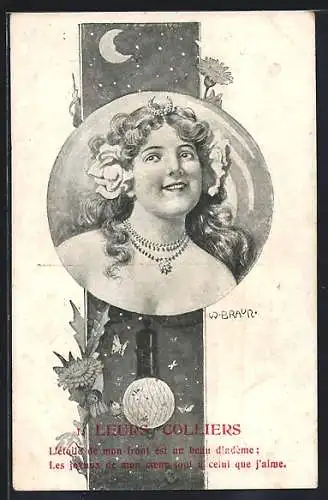 Künstler-AK W. Braun: Fräulein mit Blume im Haar, Halbmond