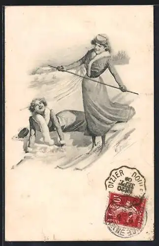 Künstler-AK W. Braun: Skifahrerin ist ausgerutscht