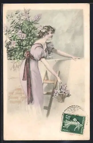 Künstler-AK W. Braun: Fräulein mit Blumenkorb an der Mauer