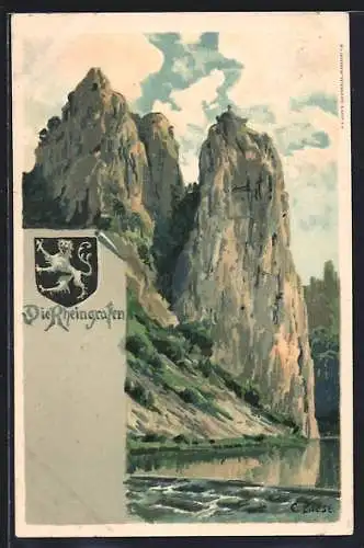 Künstler-AK C.Biese: Bad Münster-Ebernburg, Die Rheingrafen, Seitenansicht, Wappen