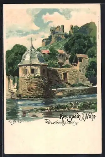 Künstler-AK C.Biese: Bad Kreuznach, der Kautzenberg mit Burgruine