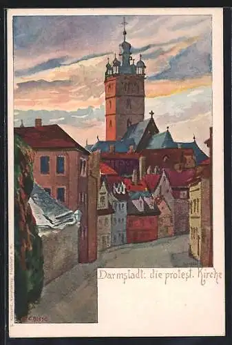 Künstler-AK Carl Biese: Darmstadt, Strassenpartie mit Blick zur protestantischen Kirche