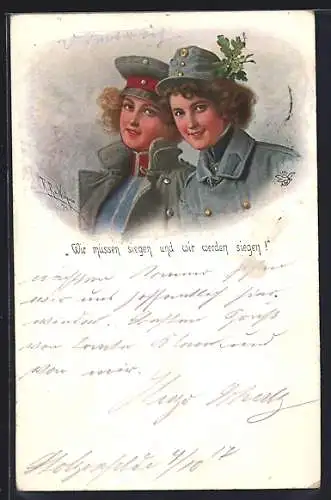 Künstler-AK Carl Biese: Zwei Soldatinnen in Uniform