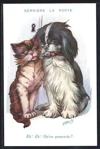 Künstler-AK A. Wuyts: Pekinese mit Katze an der Tür