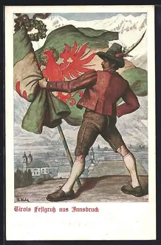 Künstler-AK Thomas Walch: Innsbruck, Tiroler Landes-Jahrhundertfeier 1909, Mann in Tracht mit Fahne