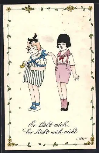 Künstler-AK E. Weber: Mädchen zupft verträumt an den Blättern einer Blüte, Er liebt mich, er liebt mich nicht