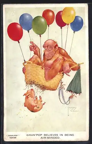 Künstler-AK Lawson Wood: Affen fällt Ferkel vom Ballon
