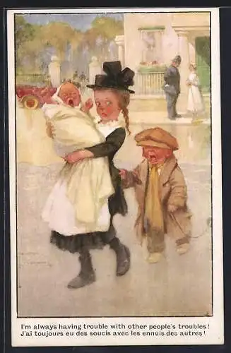 Künstler-AK Lawson Wood: Weinender Junge hinter Mädchen mit Baby