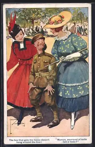 Künstler-AK Lawson Wood: Kleingewachsener Soldat wird von Frauen umgarnt