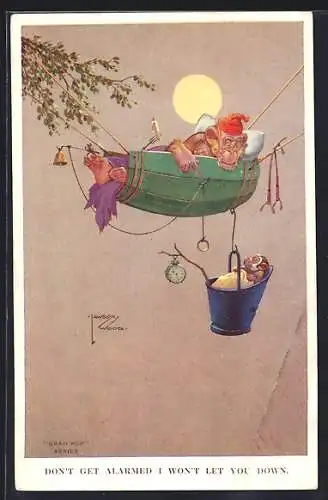 Künstler-AK Lawson Wood: Affe in der Hängematte mit Affenbaby bei Mondschein