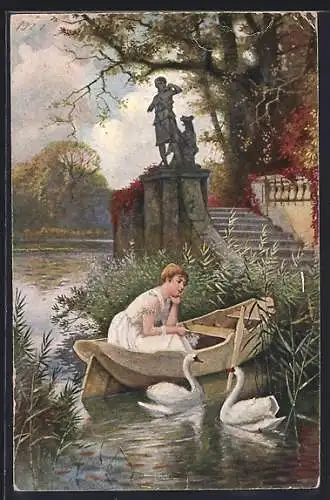 Künstler-AK Ernst Schlemo: Frau im Boot mit Schwänen