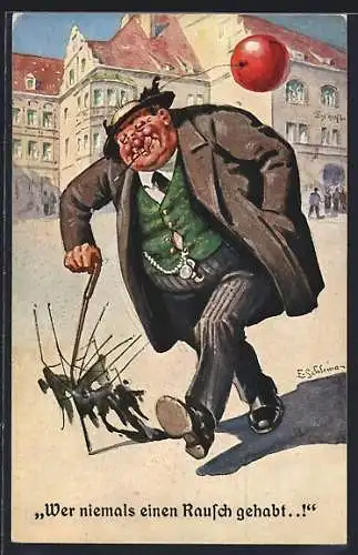 Künstler-AK Ernst Schlemo: Betrunkener mit kaputtem Schirm