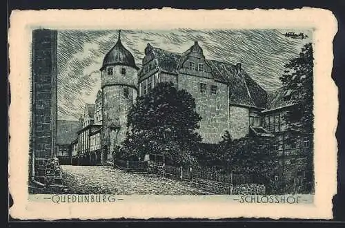 Künstler-AK Quedlinburg, Schlosshof, Original Radierung, Handpressen-Kupferdruck