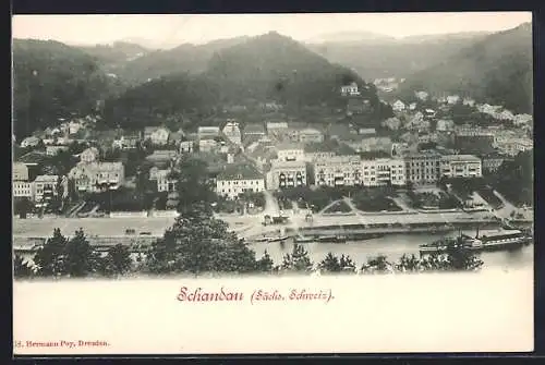 AK Schandau /Sächs. Schweiz, Ortsansicht mit Dampfer