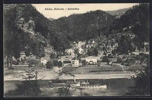AK Schmilka /Sächs. Schweiz, Ortsansicht mit Dampfer