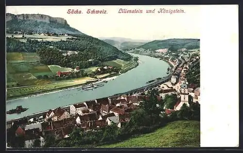 AK Königstein /Sächs. Schweiz, Ortsansicht mit Lilienstein und Dampfer