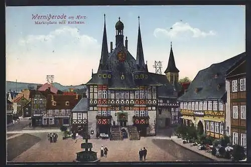 AK Wernigerode / Harz, Marktplatz mit Rathaus