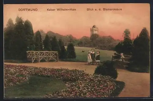 AK Dortmund, Kaiser Wilhelm-Hain mit Blick auf die Bismarcksäule