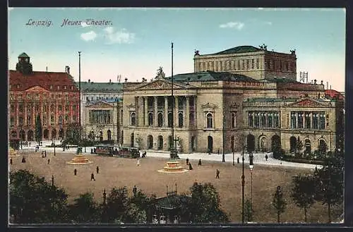 AK Leipzig, Neues Theater, Ansicht mit Strassenbahn