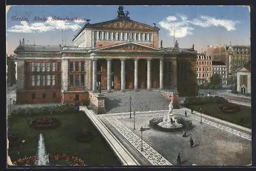 AK Berlin, Königl. Schauspielhaus mit Skulptur und Springbrunnen, Gendarmenmarkt