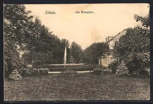 AK Zittau, Rossplatz mit Springbrunnen