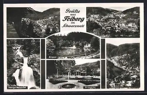 AK Triberg im Schwarzwald, Burggarten, Bergsee und Wasserfall