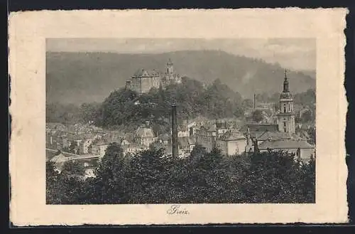 AK Greiz, Ortsansicht mit Kirche und Wäldern