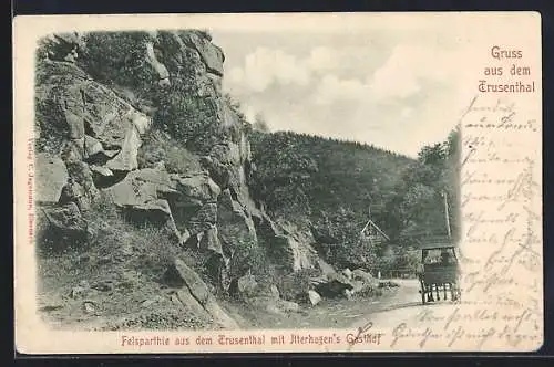 AK Trusenthal, Felspartie aus dem Trusenthal mit Itterhagen`s Gasthof