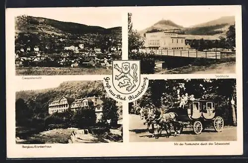 AK Bad Blankenburg, Bergbau-Krankenhaus, Postkutsche und Wappen